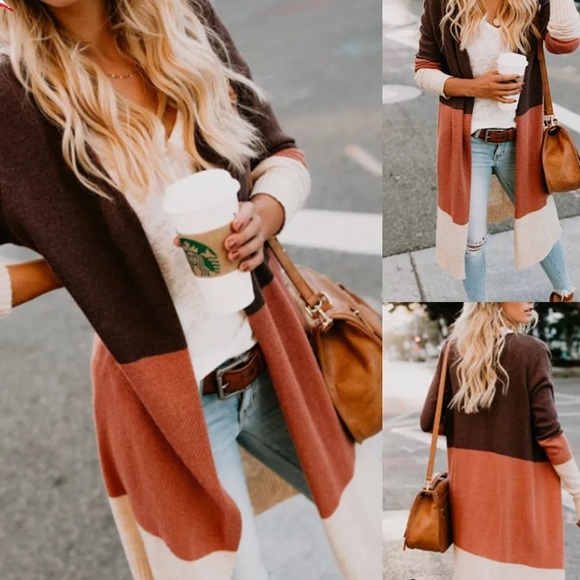 Long Cardigan Sweater Brown Tan and Orange - Picture 7 of 7